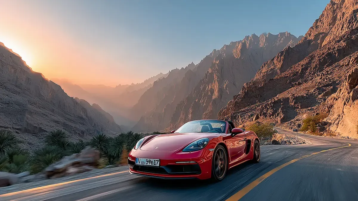 Red Porsche driving through the UAE mountains