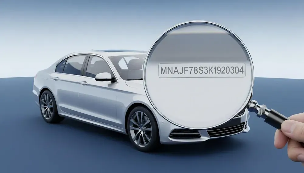 A vehicle under a magnifying glass having its VIN checked