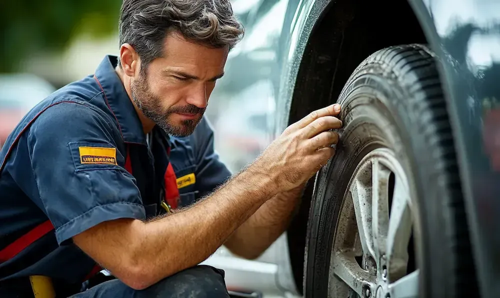 A Man Is Kneeling Down to Look at A Tyre