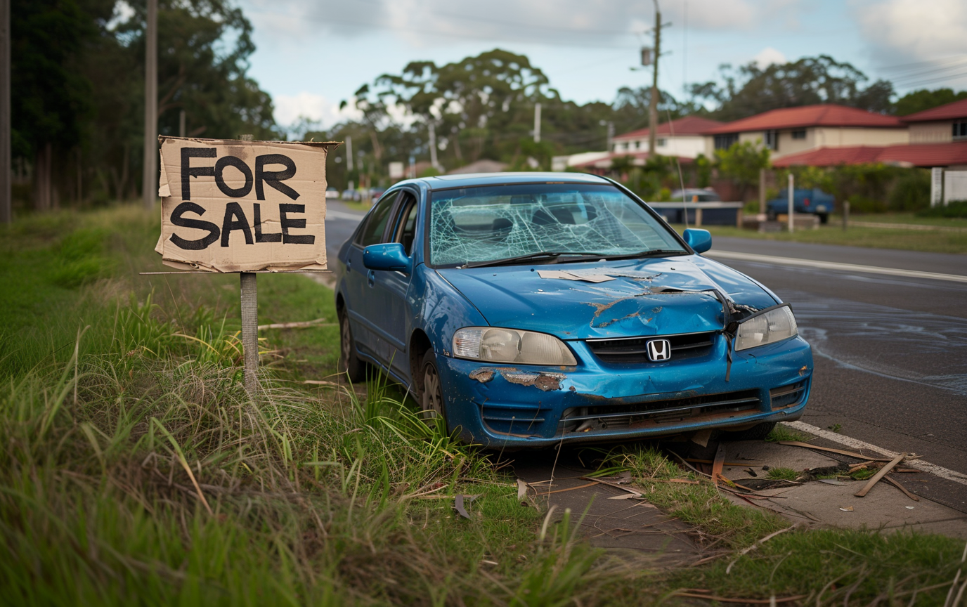 An unroadworthy car parked on the side of the road for sale