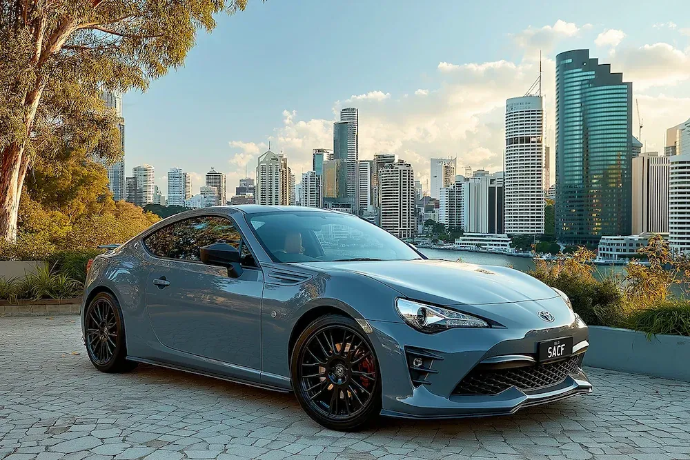 Selling a Toyota 86 parked next to a cliff in Brisbane