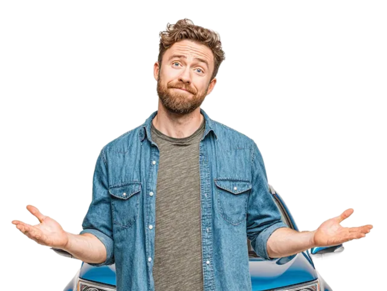 A man standing in front of a blue Toyota wondering what its worth |  Sell Any Car Fast