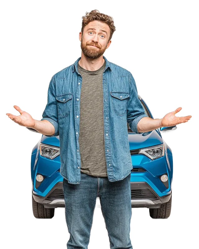 A man wonders how much his blue vehicle is worth