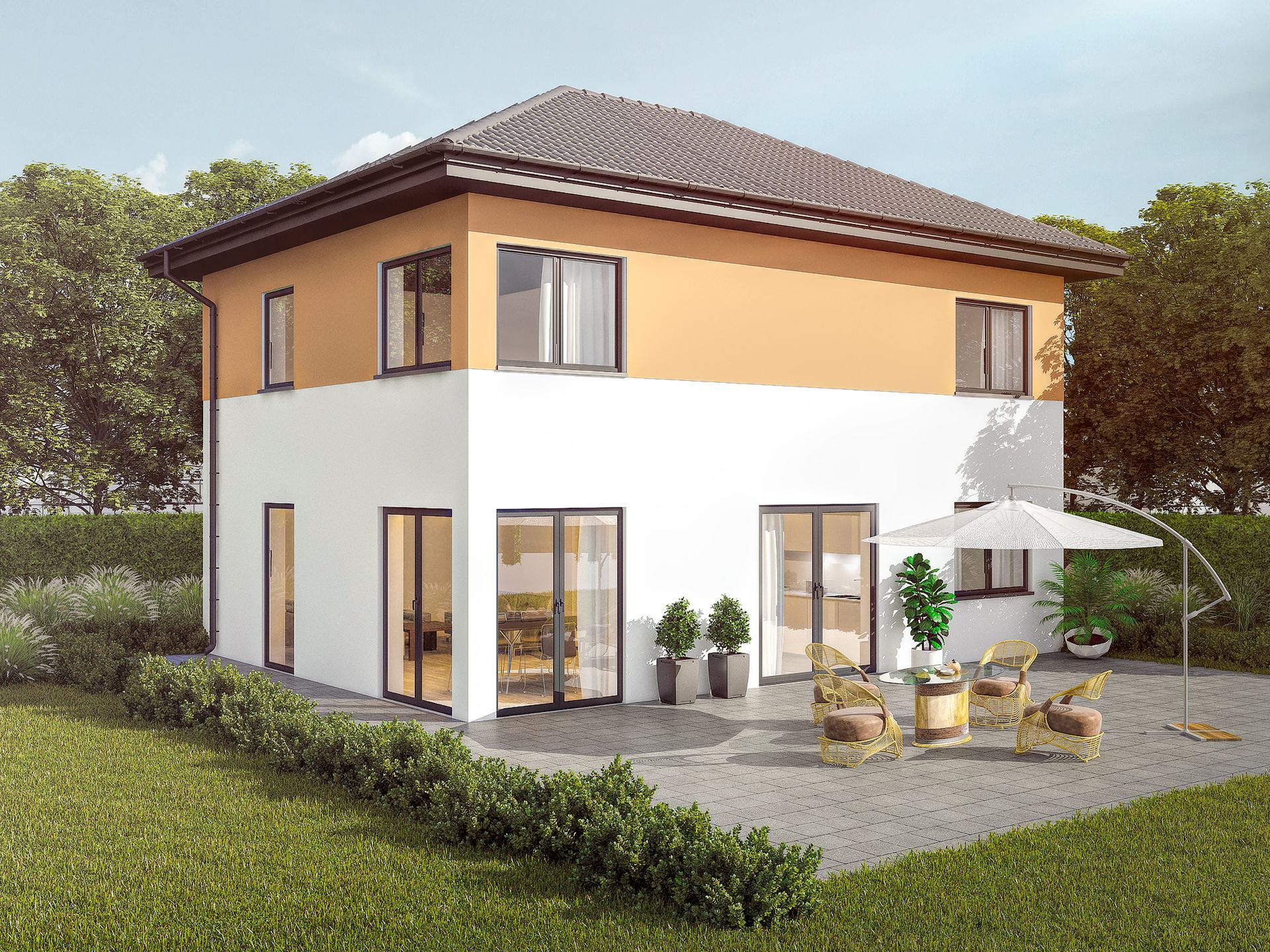 Weißes Haus mit Holzdetails