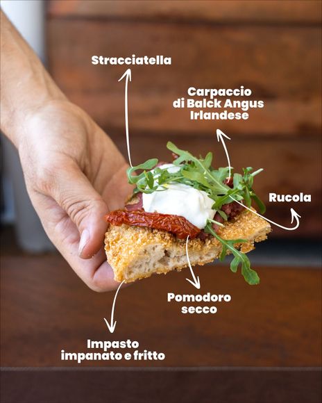 Mano che tiene una fetta di pane con stracciatella, rucola, pomodori secchi e carpaccio.