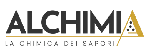 Logo for Alchimia: black text, gold triangle with dots, brown line, 