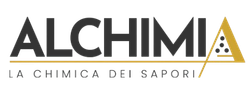 Logo for Alchimia: black text, gold triangle with dots, brown line, 