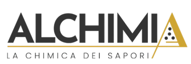 Logo for Alchimia: black text, gold triangle with dots, brown line, 