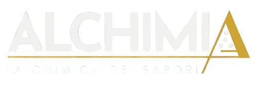 Logo di Alchimia: testo bianco e triangolo dorato su sfondo bianco.