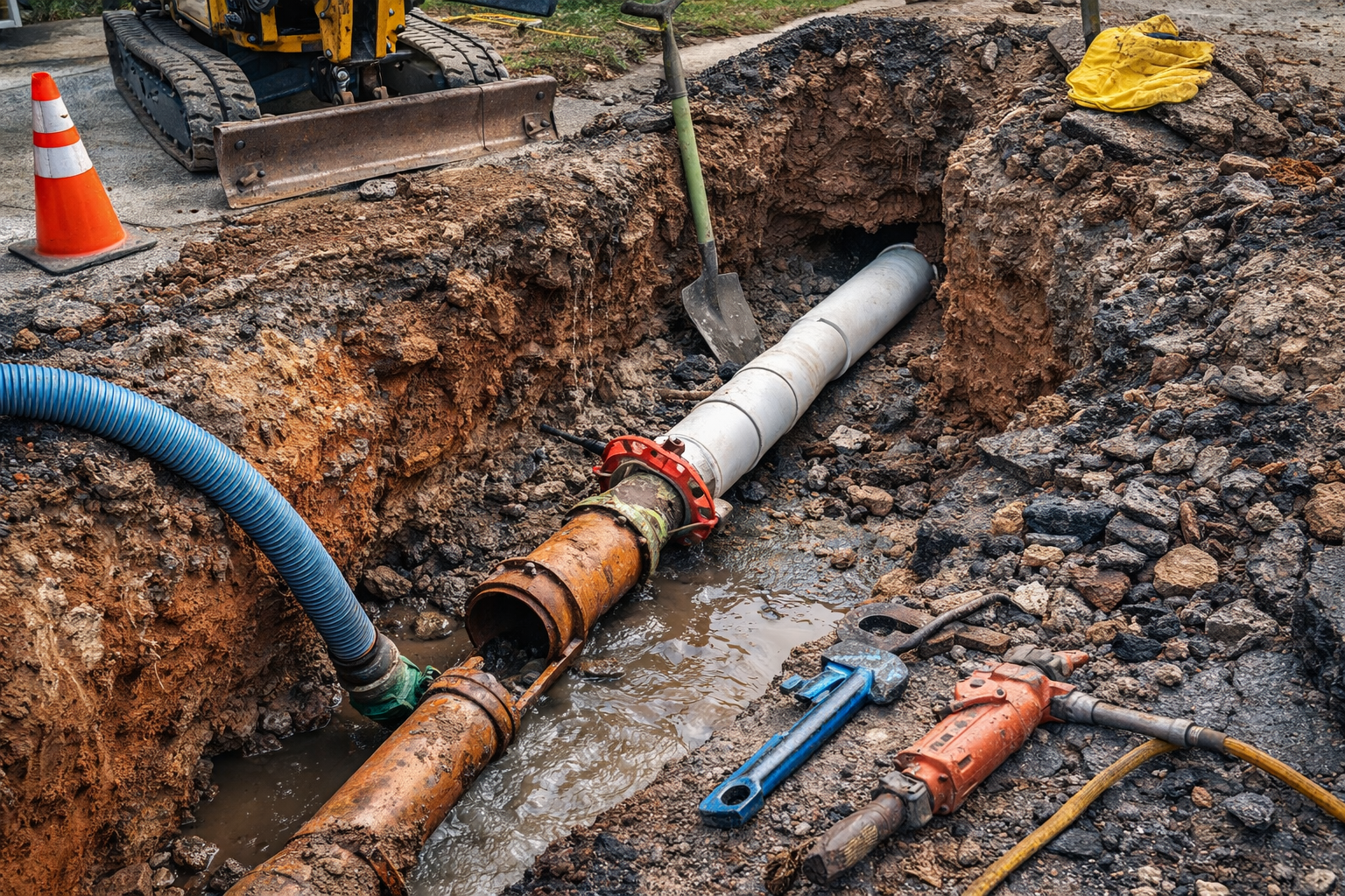 Construction site: Excavated trench with pipes being repaired, water, tools, and a small excavator.