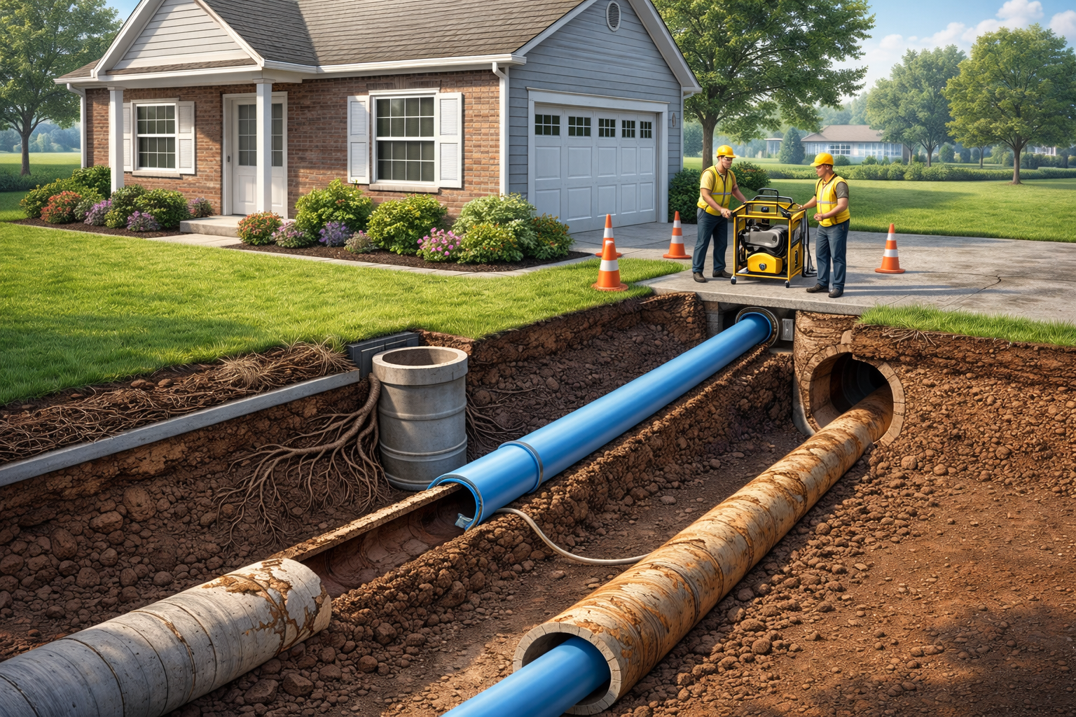 Two workers installing pipes in front of a house. Blue and tan pipes are in trenches.