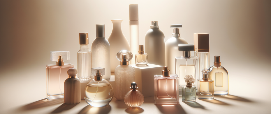 Collection of perfume bottles in various shapes and sizes, illuminated with soft lighting.