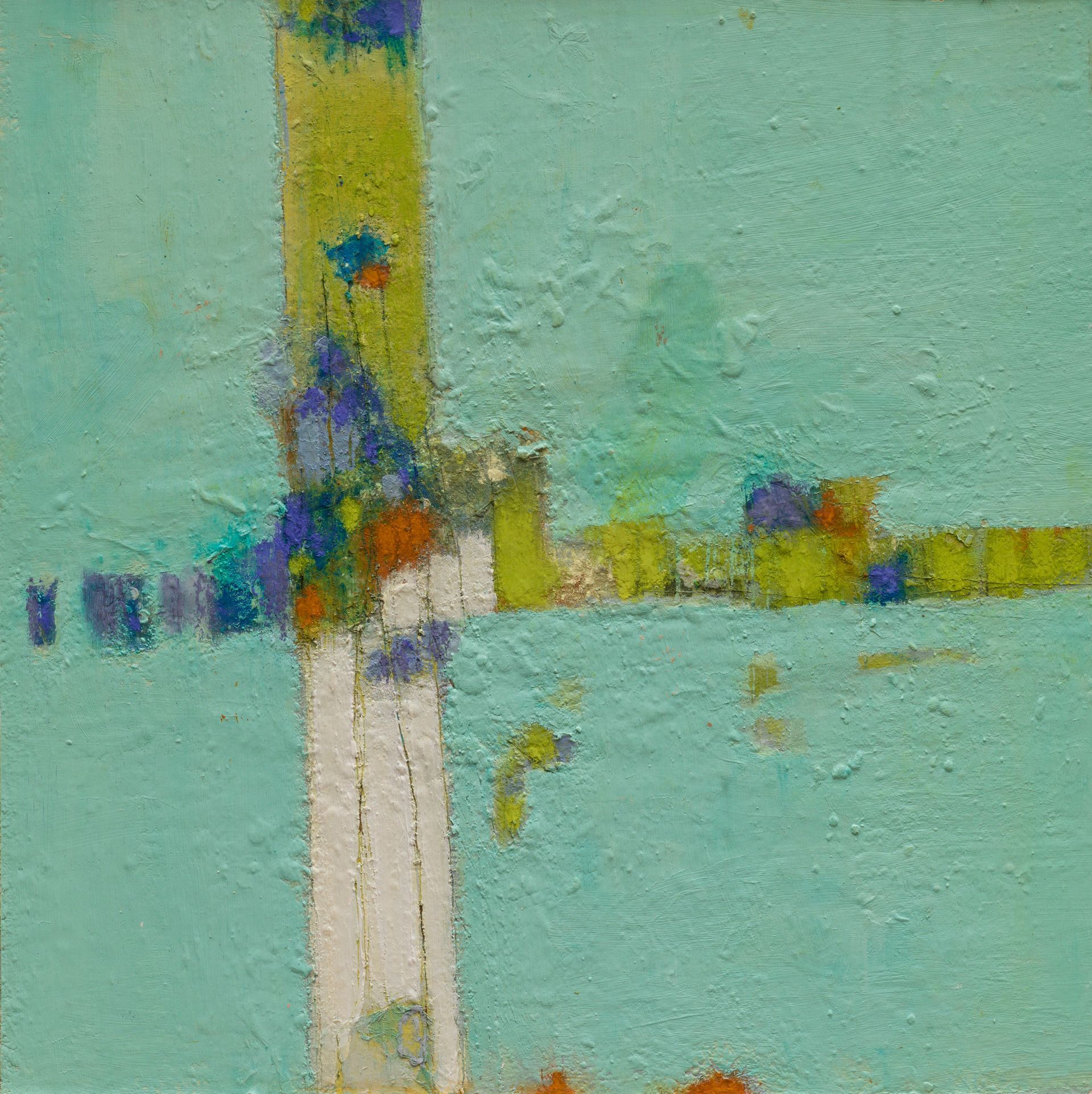 A close up of a colorful painting on a blue background.