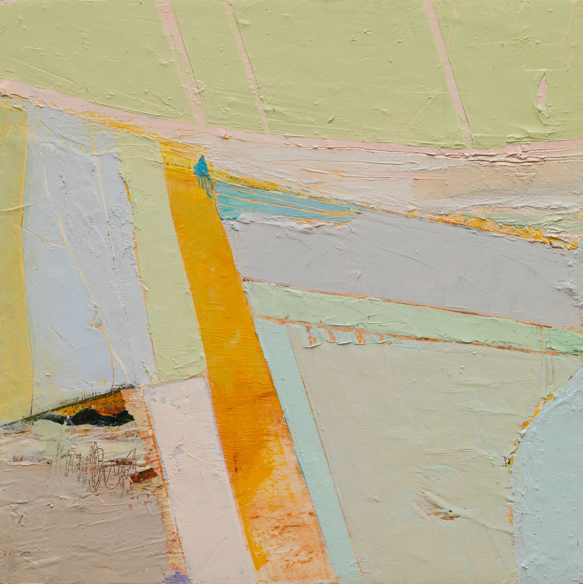 A close up of a painting with a yellow stripe in the middle