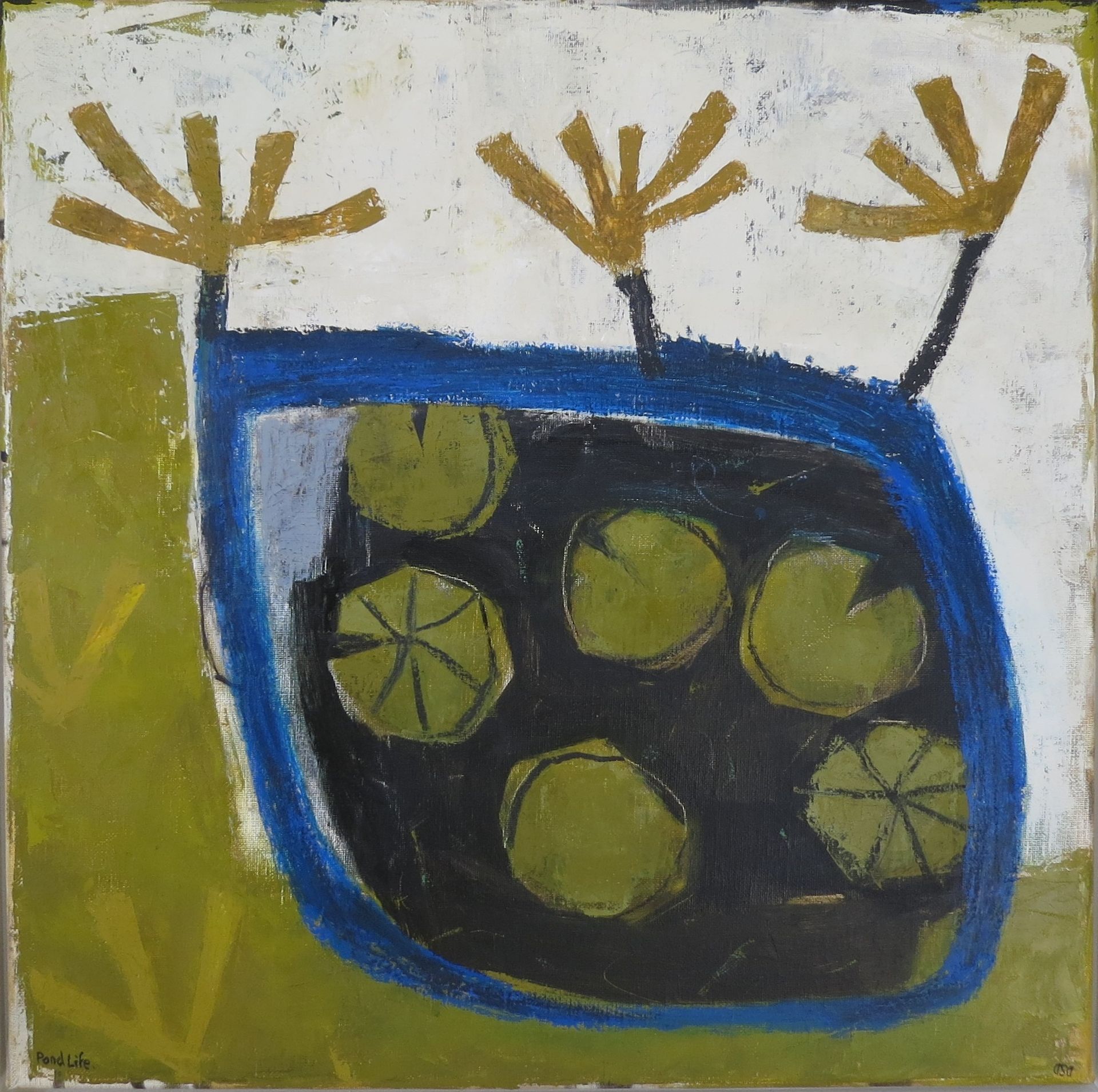 A painting of lily pads in a blue bowl