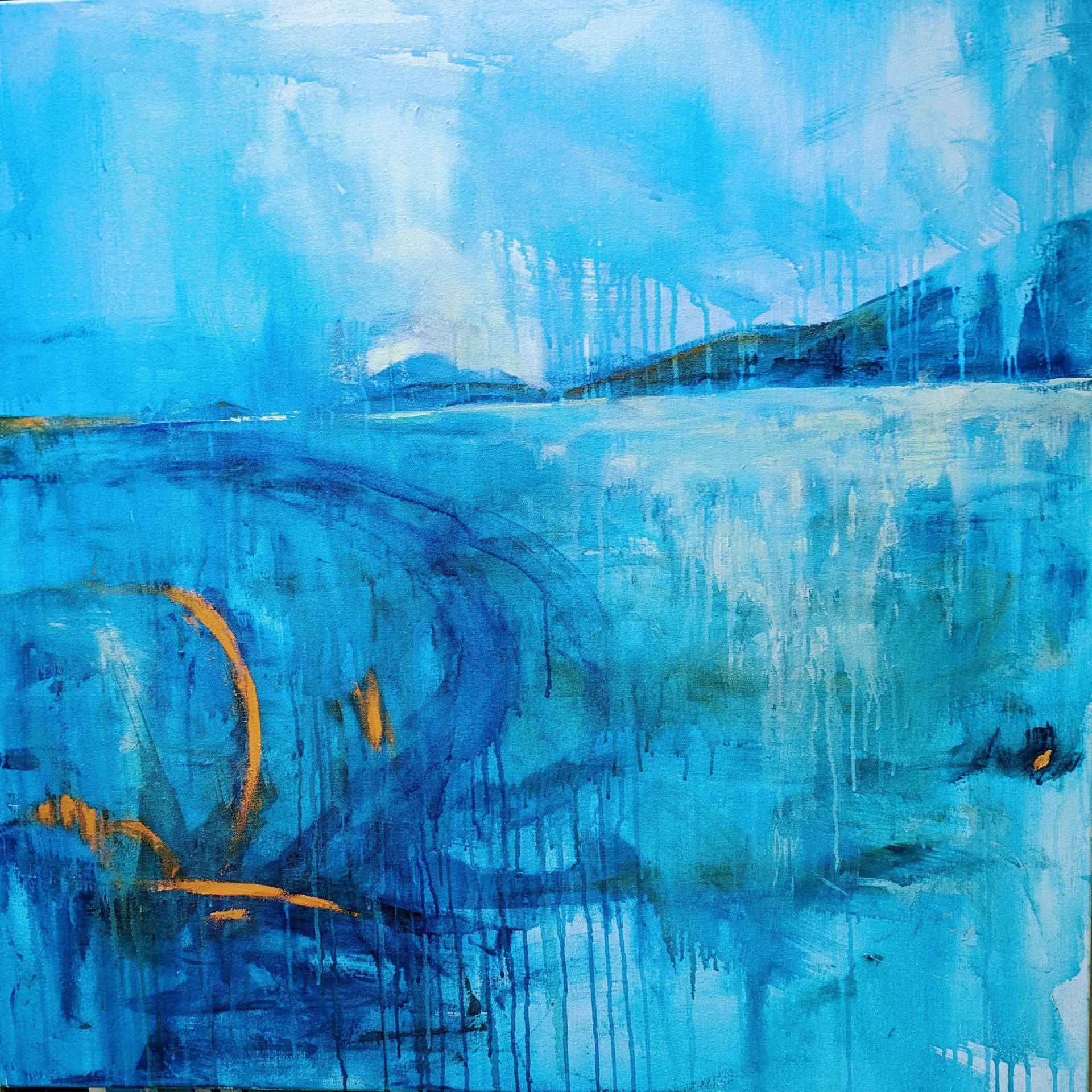 It is a painting of a blue ocean with a bridge in the background.