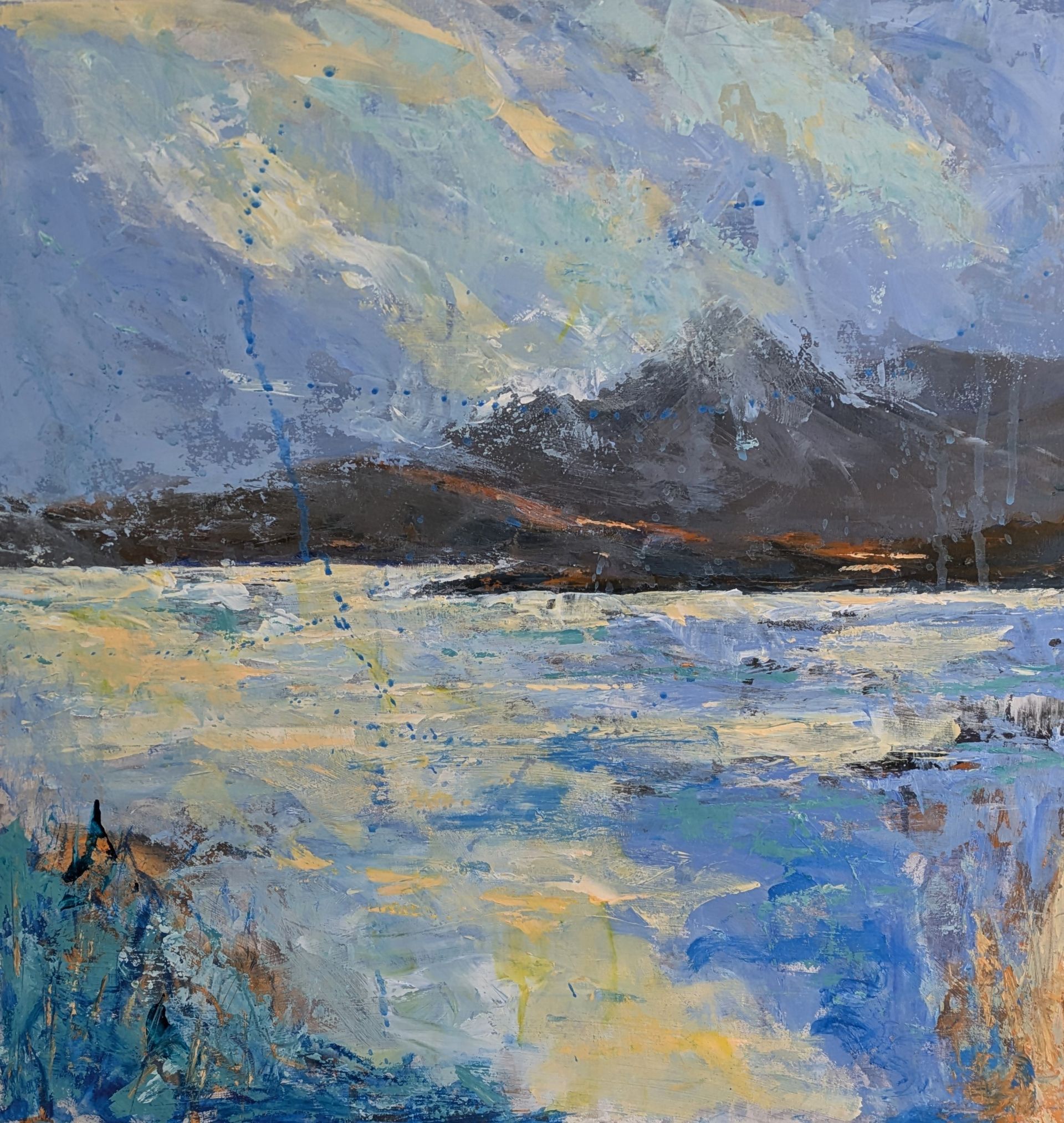 Abstract landscape painting with a blue, white, and yellow water in the foreground, mountains in the background, and a cloudy sky above.