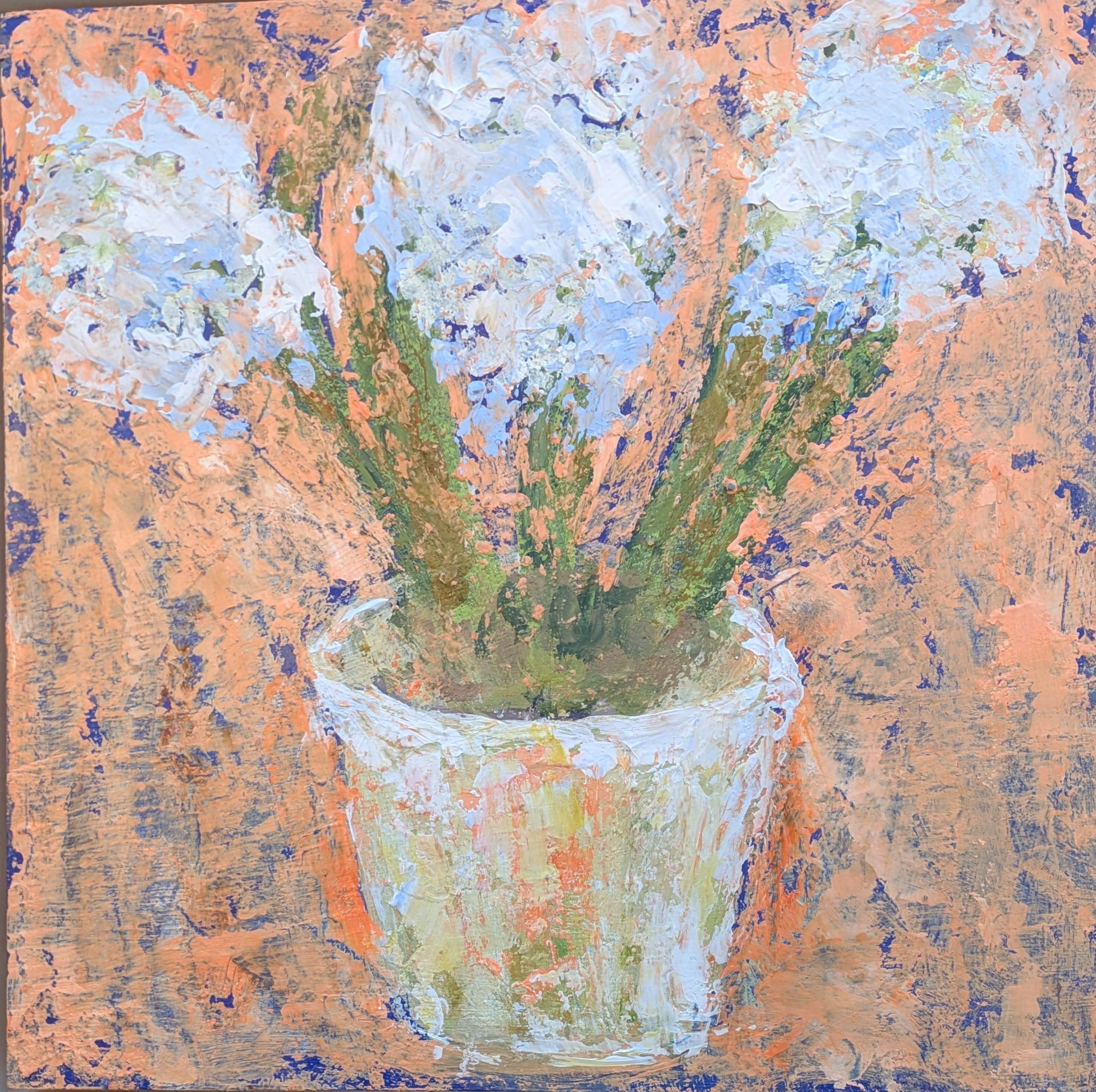 A painting of white flowers in a white vase