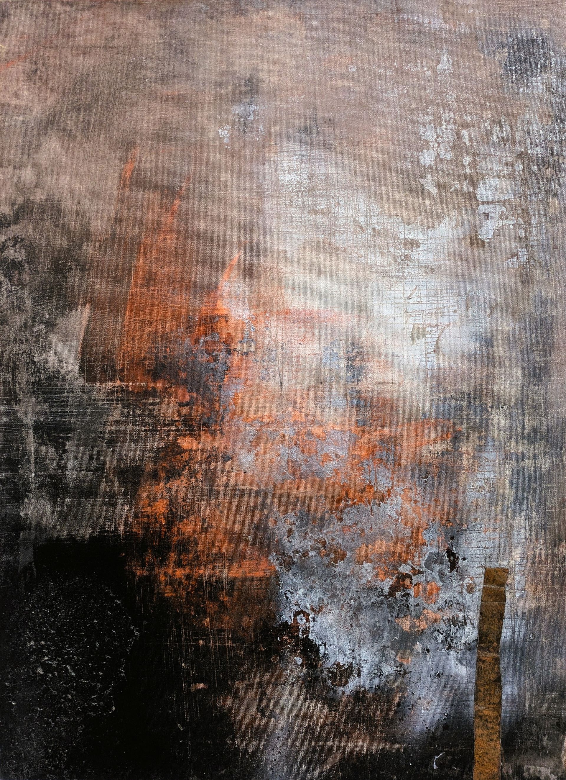 Abstract painting with orange flames or smoke against a dark, textured background