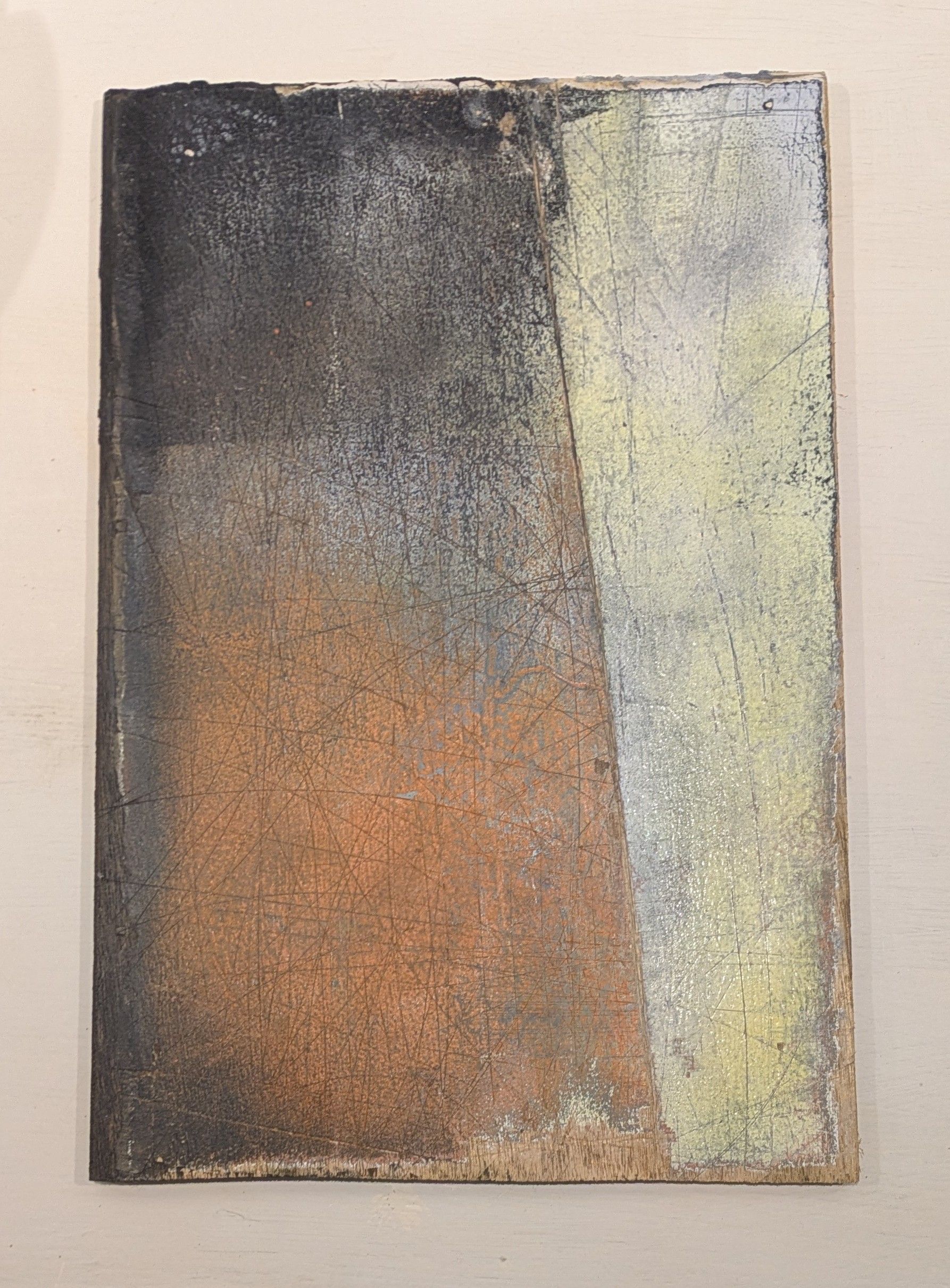 Abstract painting with dark gray, orange, and pale green vertical sections.