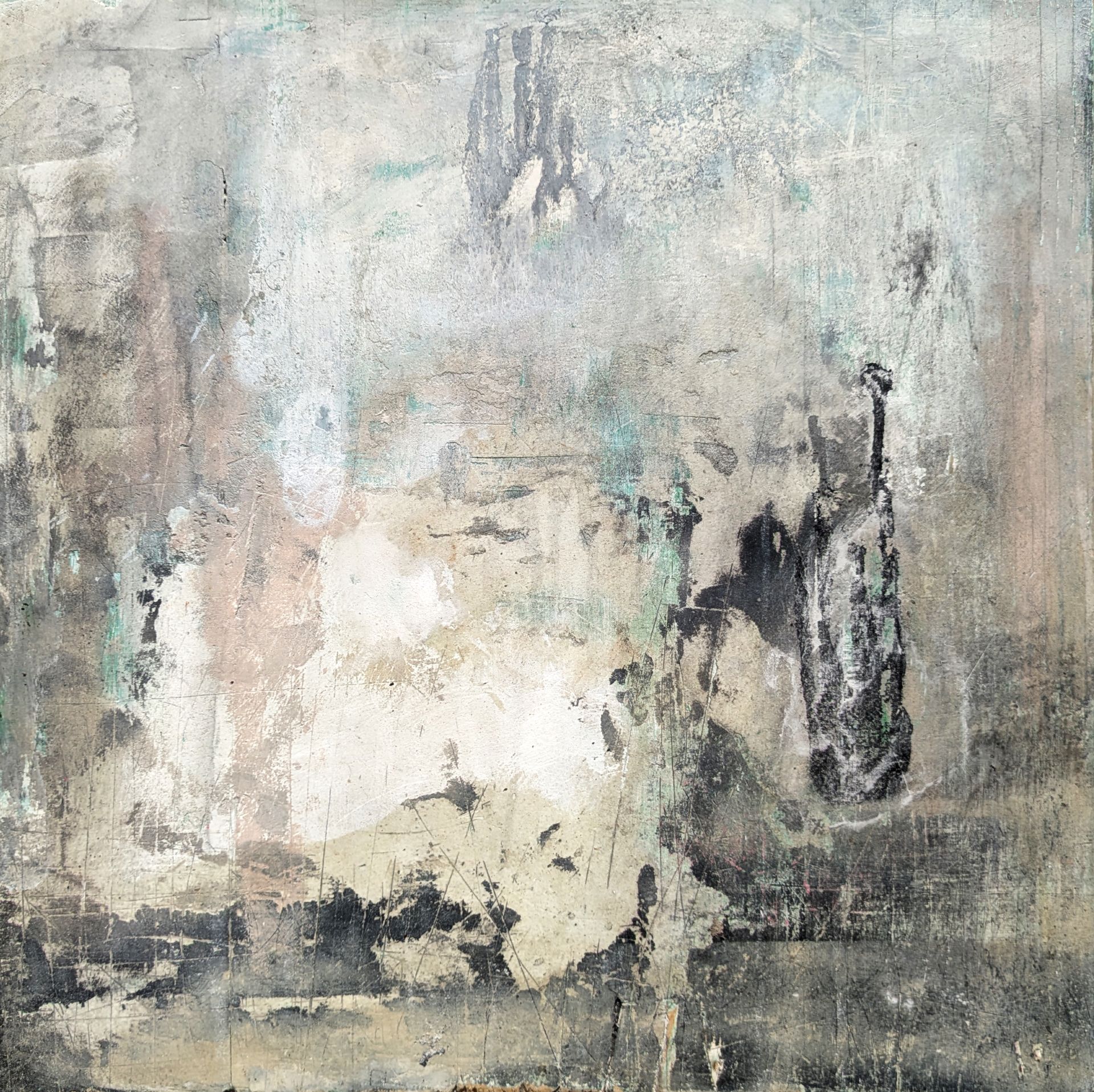 Abstract muted gray, beige, and black textured painting with faded vertical brushstrokes.