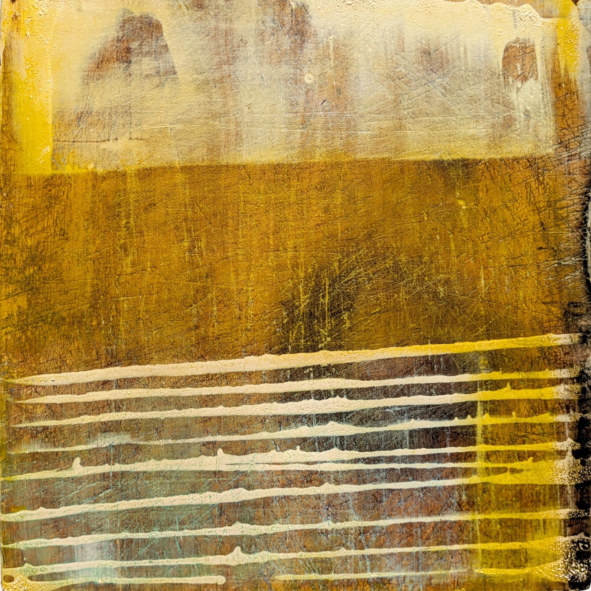Abstract yellow-brown painting with horizontal white stripes and textured layers