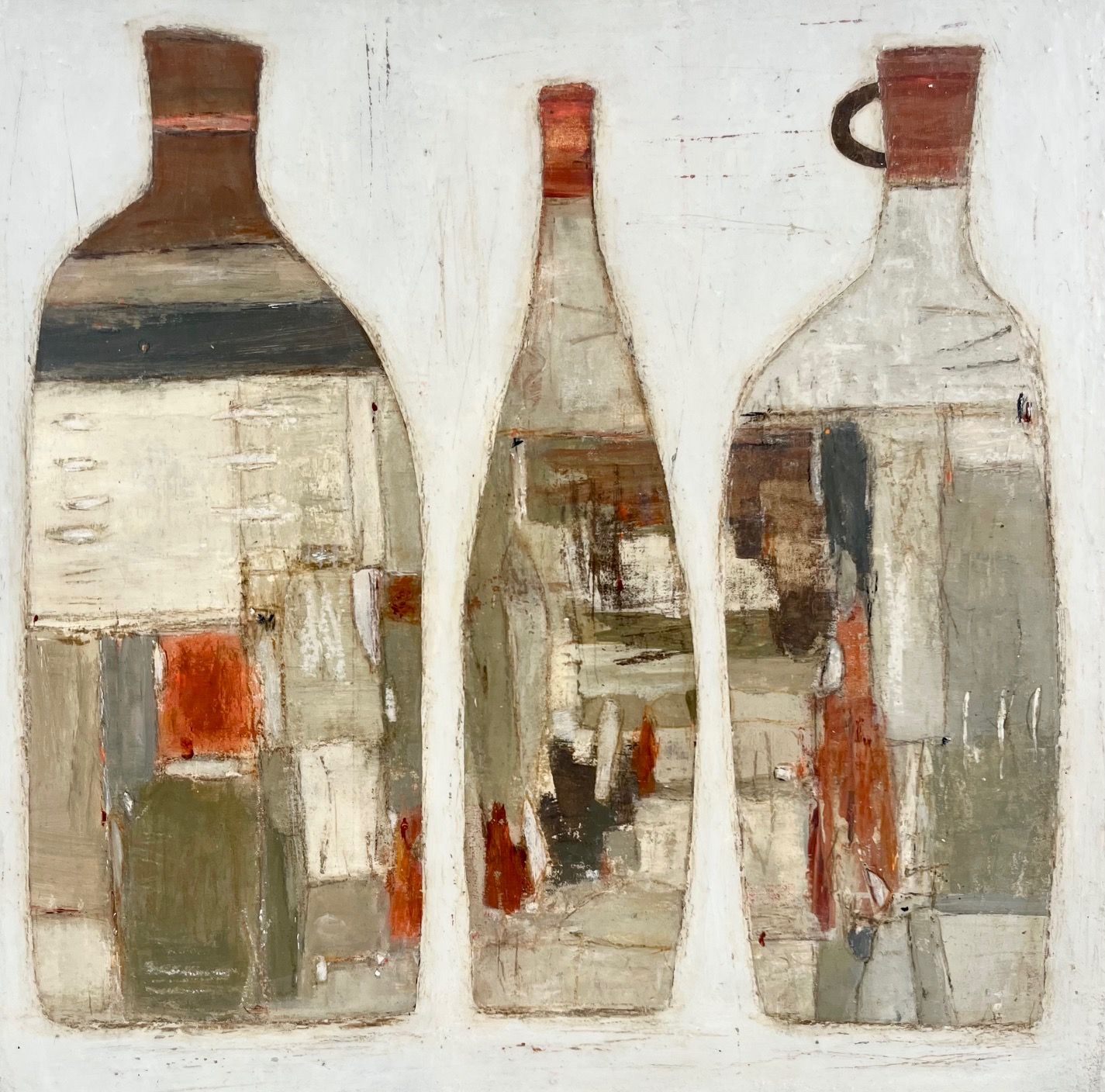 A painting of three bottles on a white background