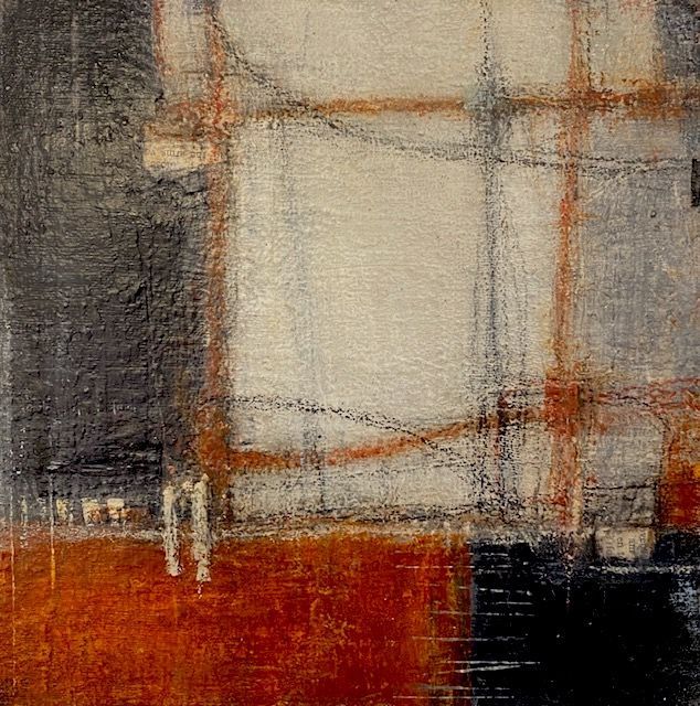 A painting of a landscape with a white sky and a yellow and black border.