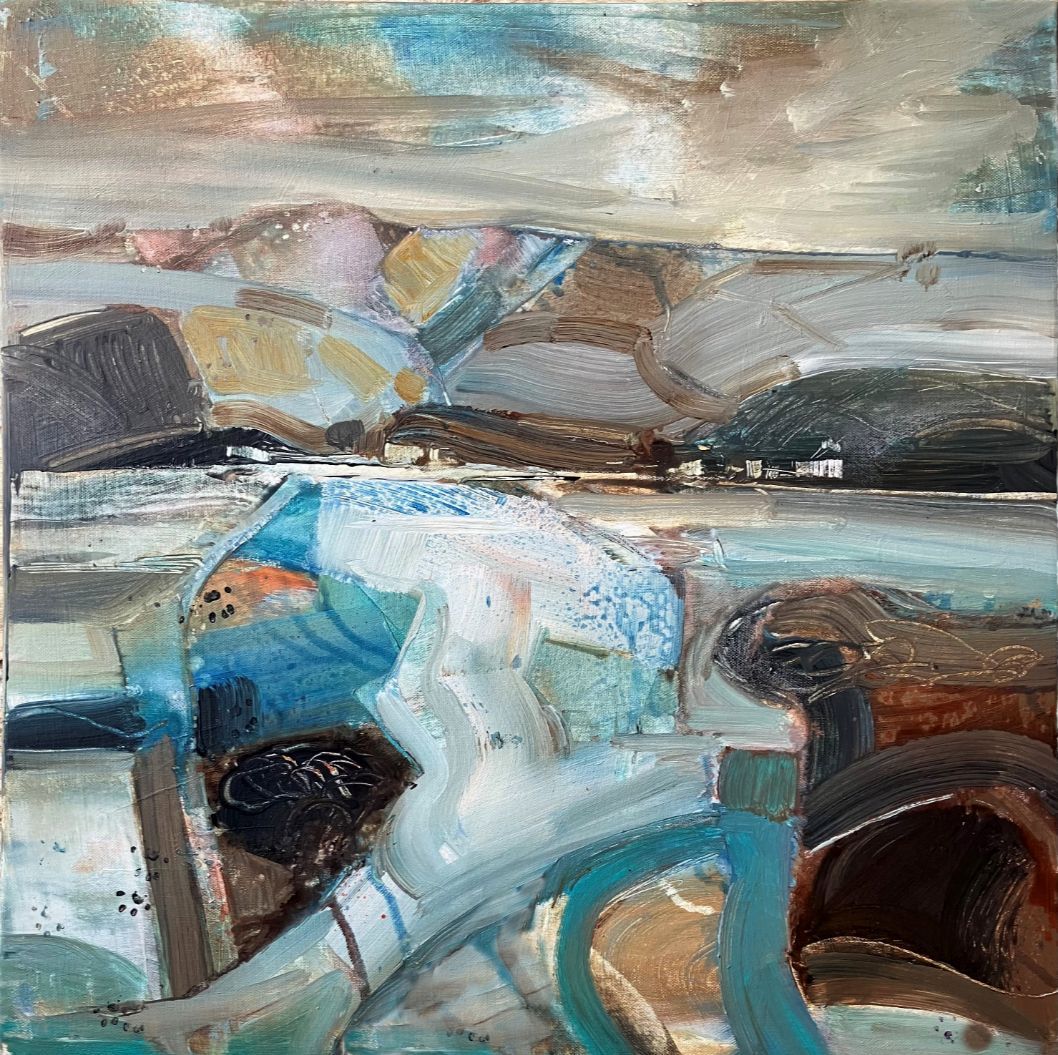 Abstract seascape with blue and brown brushstrokes, cloudy sky, distant hills, and shoreline structures