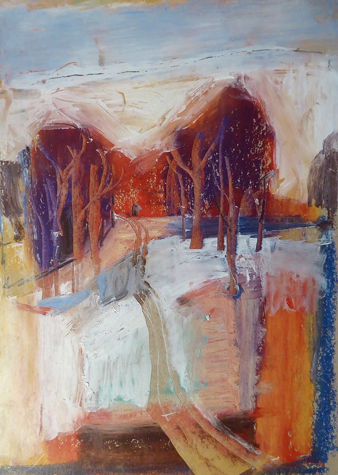 Abstract painting of snowy trees and houses in blue, white, orange, and deep purple-red tones