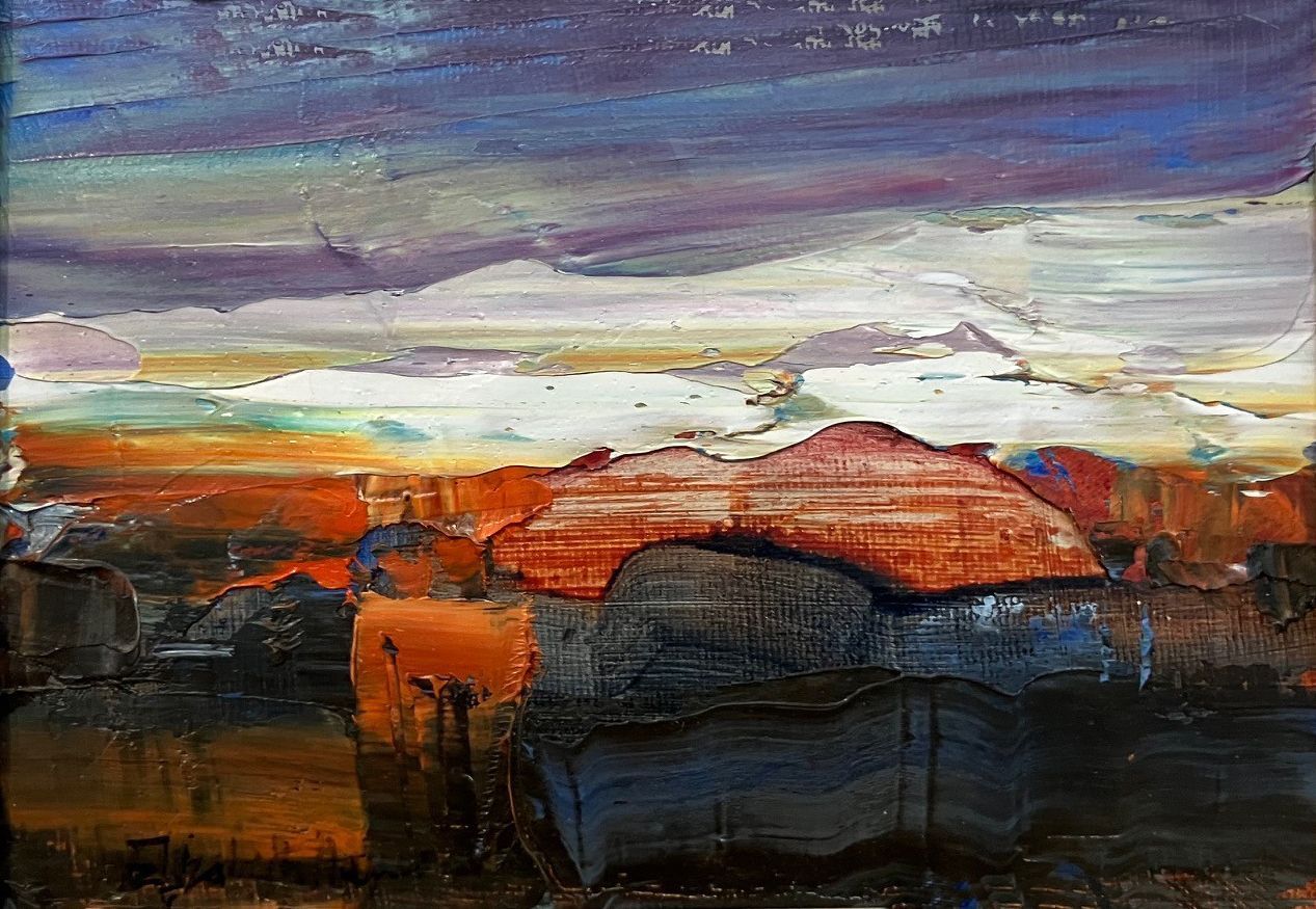 Abstract landscape with orange hills under a purple and gray sky, reflected in dark water.