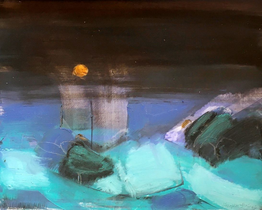 Abstract seascape with turquoise water, dark rocks, and a small orange light against a dark sky.