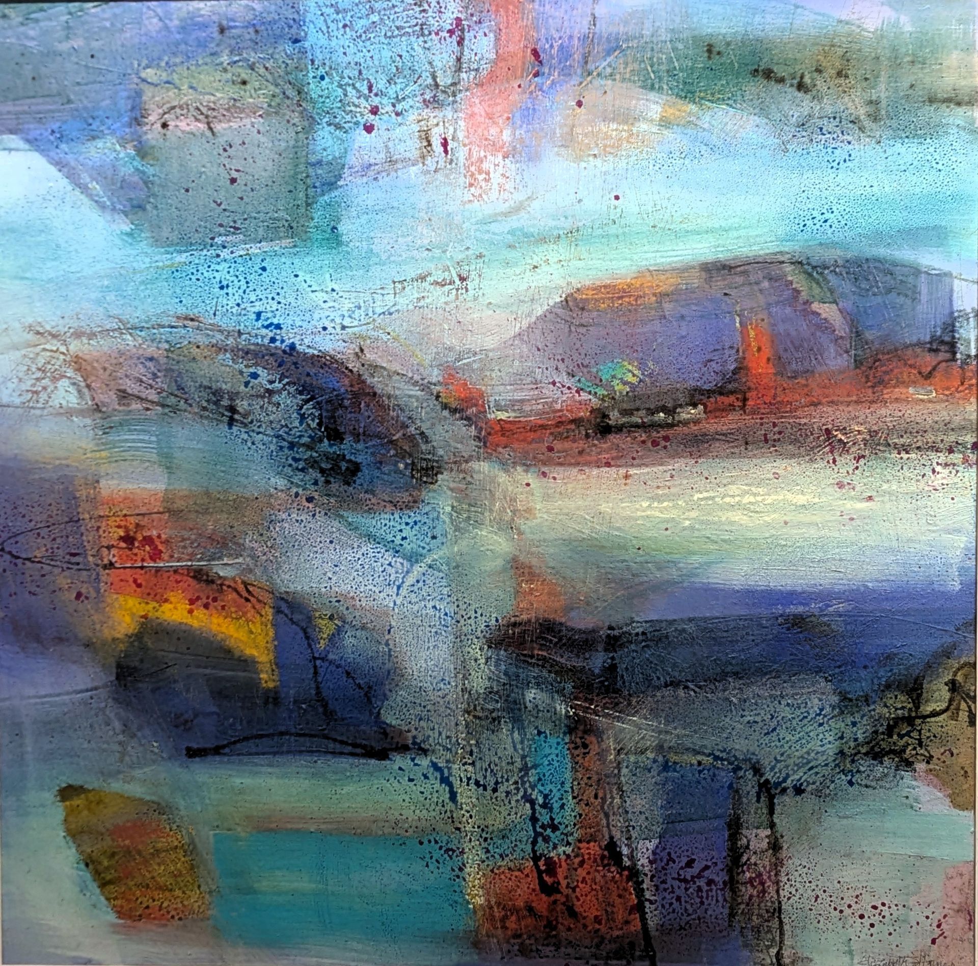Abstract painting with blue, teal, and orange brushstrokes and layered textured forms