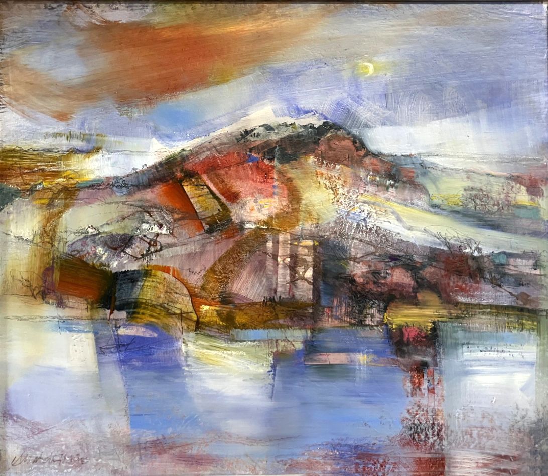 Abstract painting with a mountain-like form, blue water, and orange, gray, and white brushstrokes
