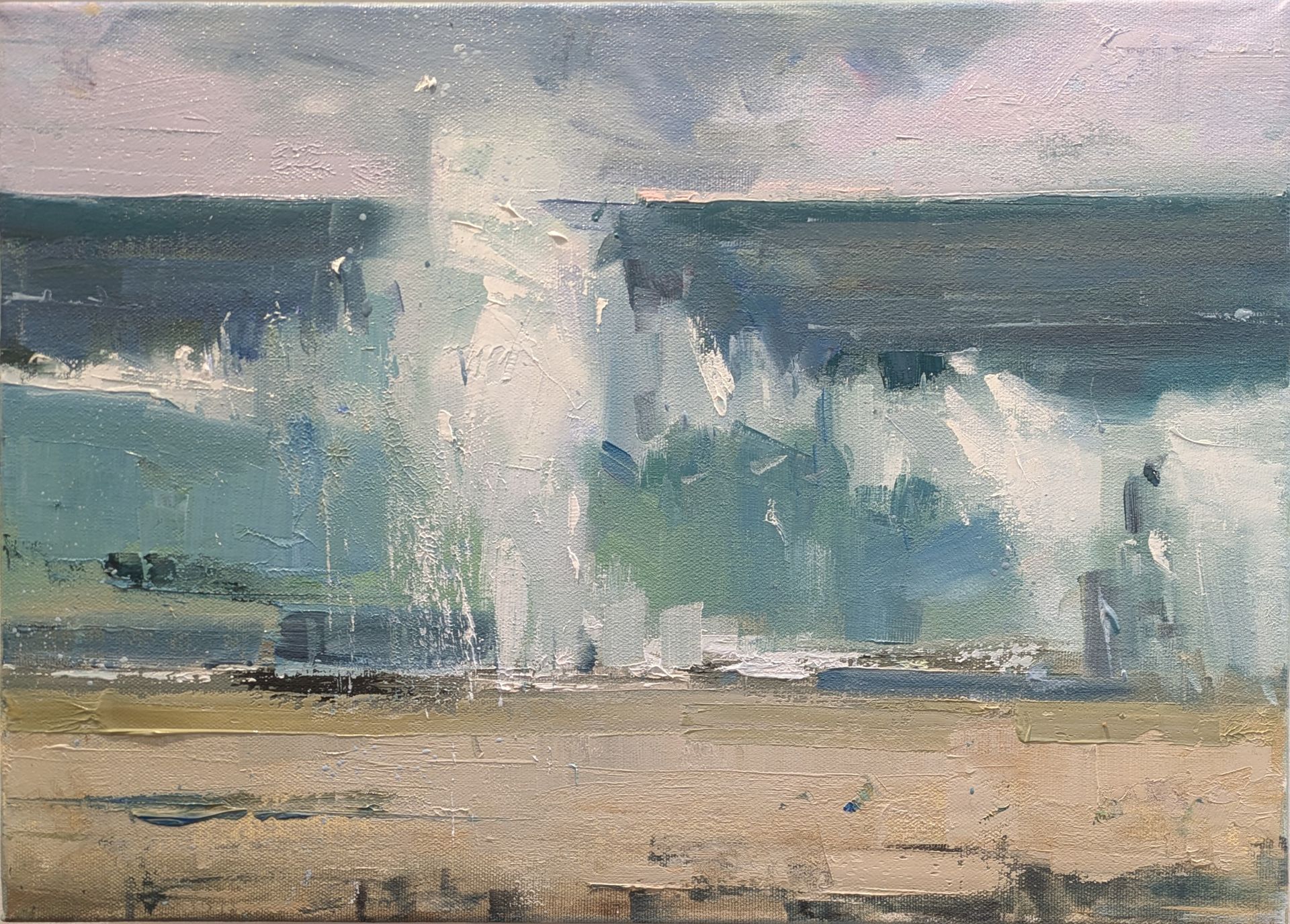 A painting of waves crashing on a beach