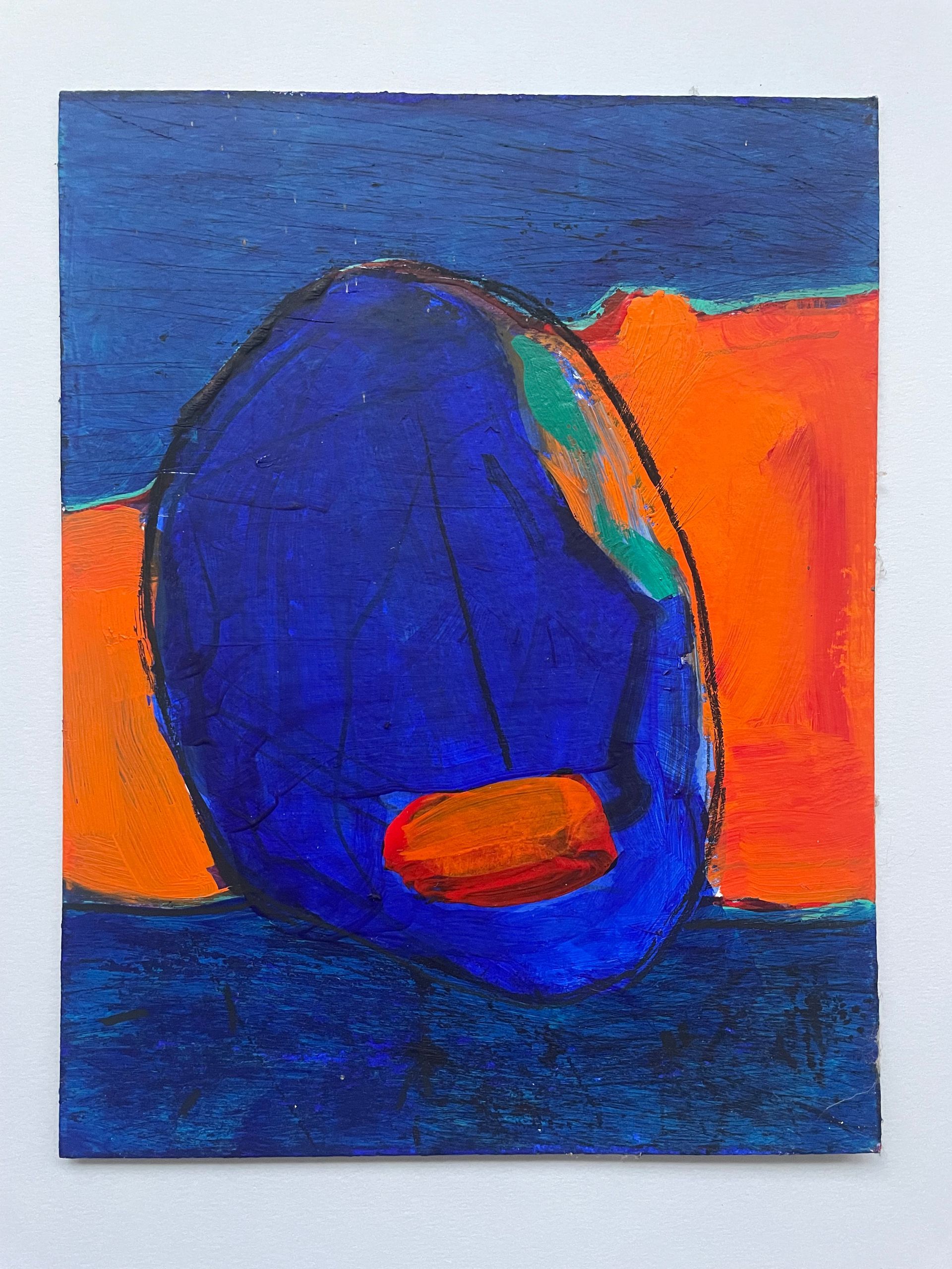A painting of a blue and orange object with a hole in the middle.