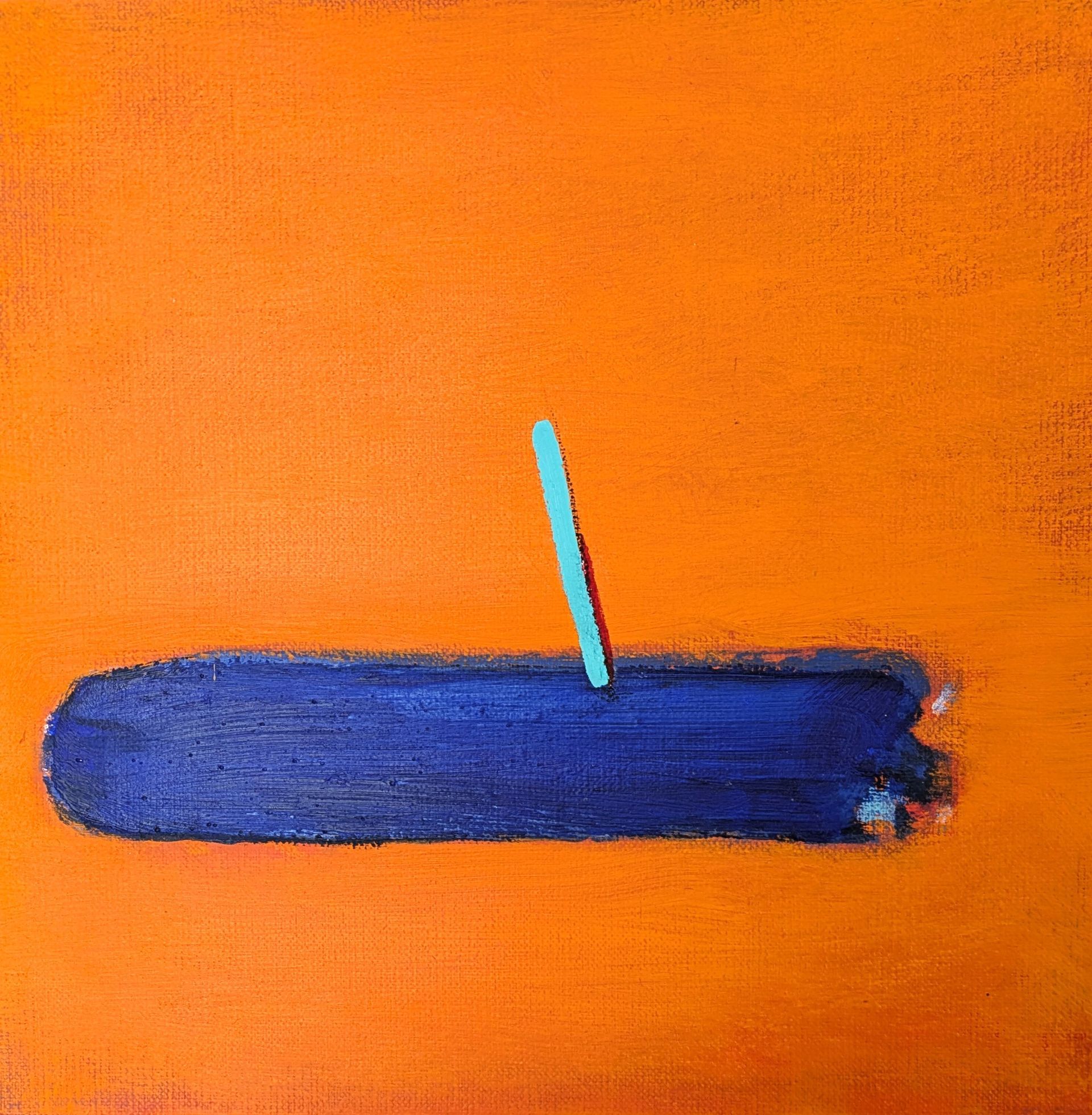 A painting of a blue stick on an orange background