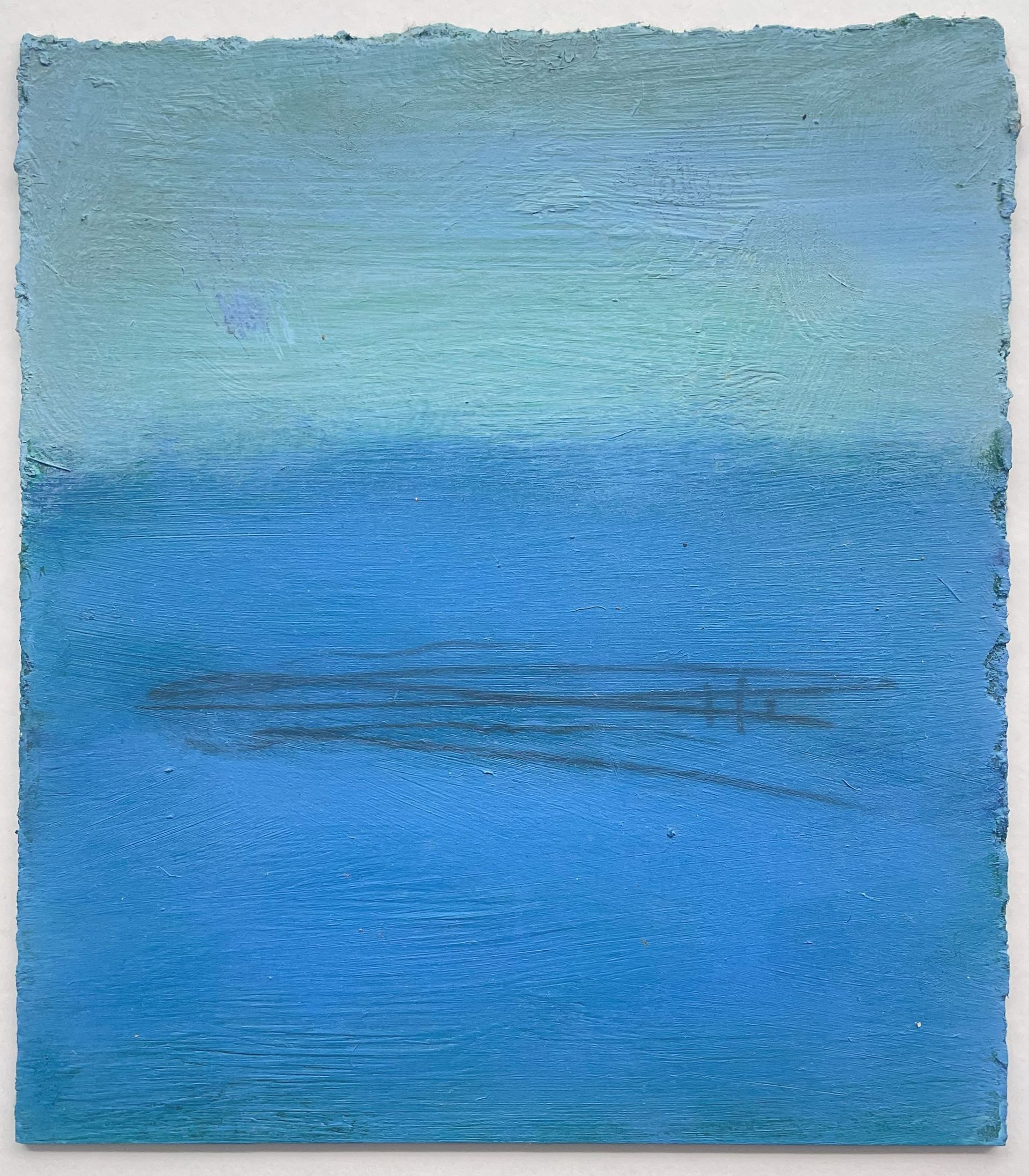 Abstract blue textured painting with a pale blue top and darker blue lower half
