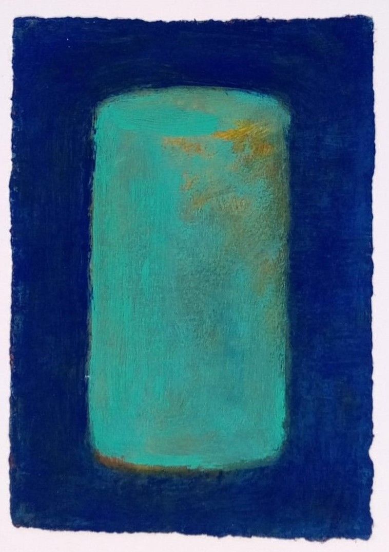 A painting of a blue cylinder on a blue background.