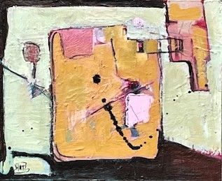 A close up of a painting of a clock on a wall.