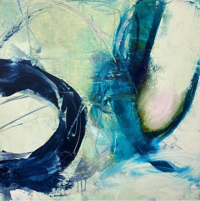 A blue and white painting with a circle in the middle