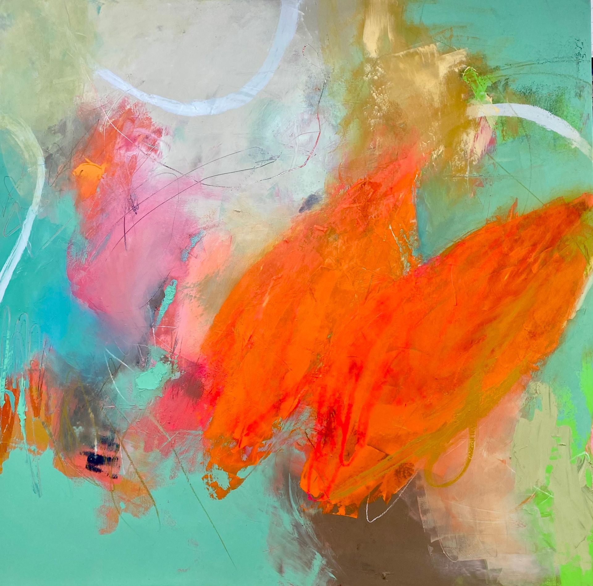 A close up of a colourful abstract painting on a blue background.