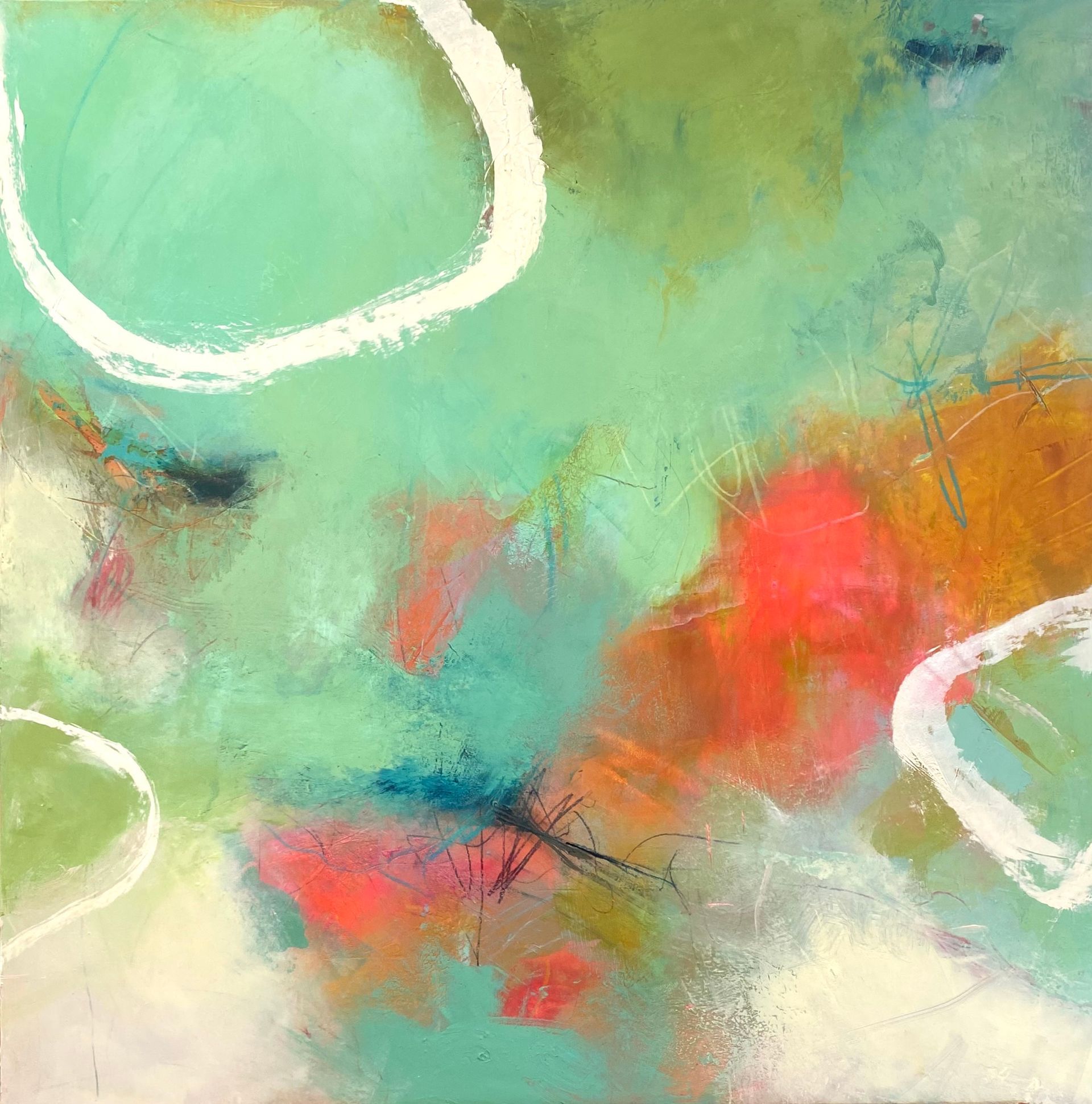 Abstract painting with fluid, textured layers of teal, mint green, and vibrant orange, accented by bold white line loops.