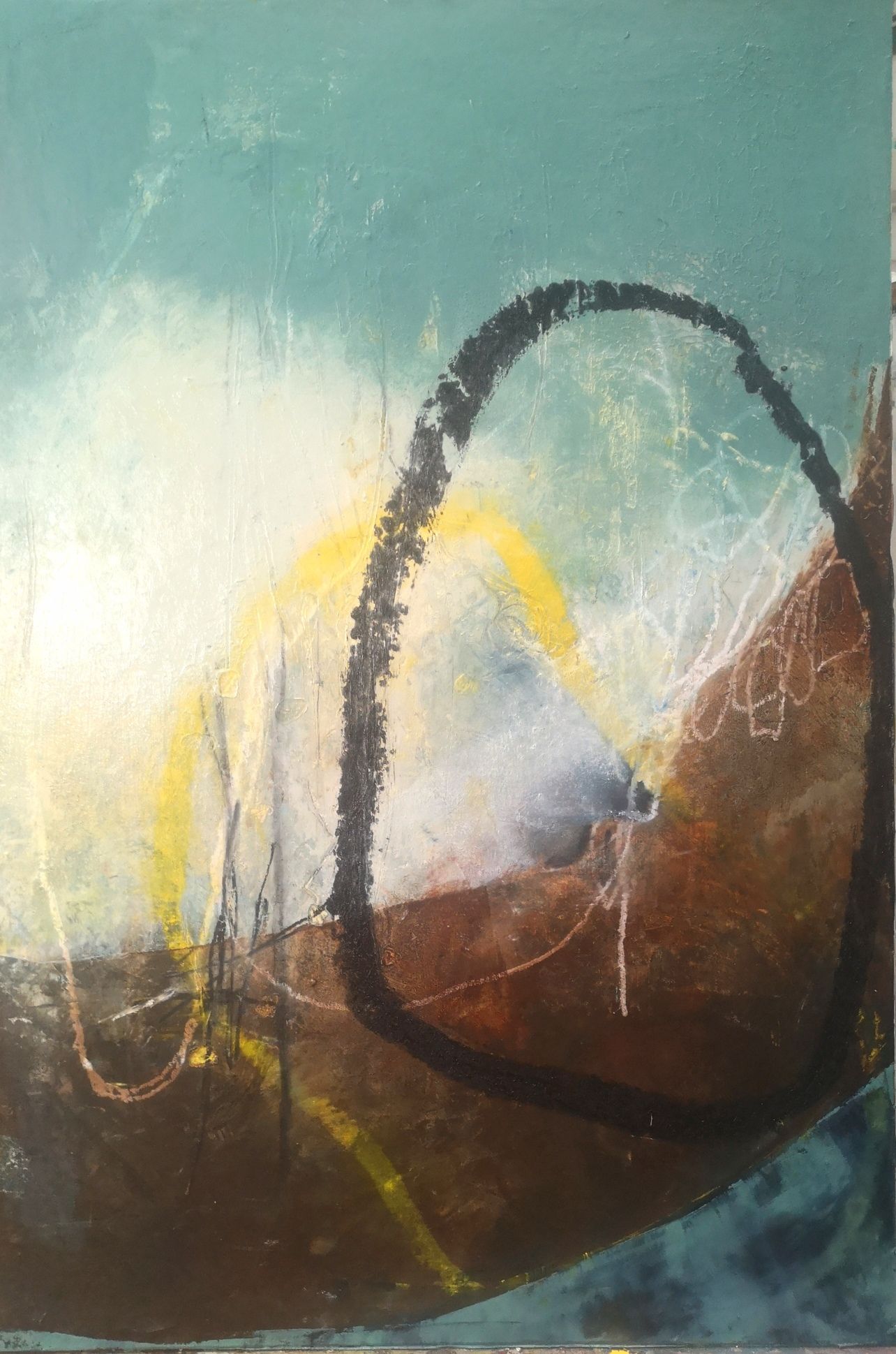 Promise  approx 60cm x 40cm plus frame Oil and cold wax on tea chest panel SOLD