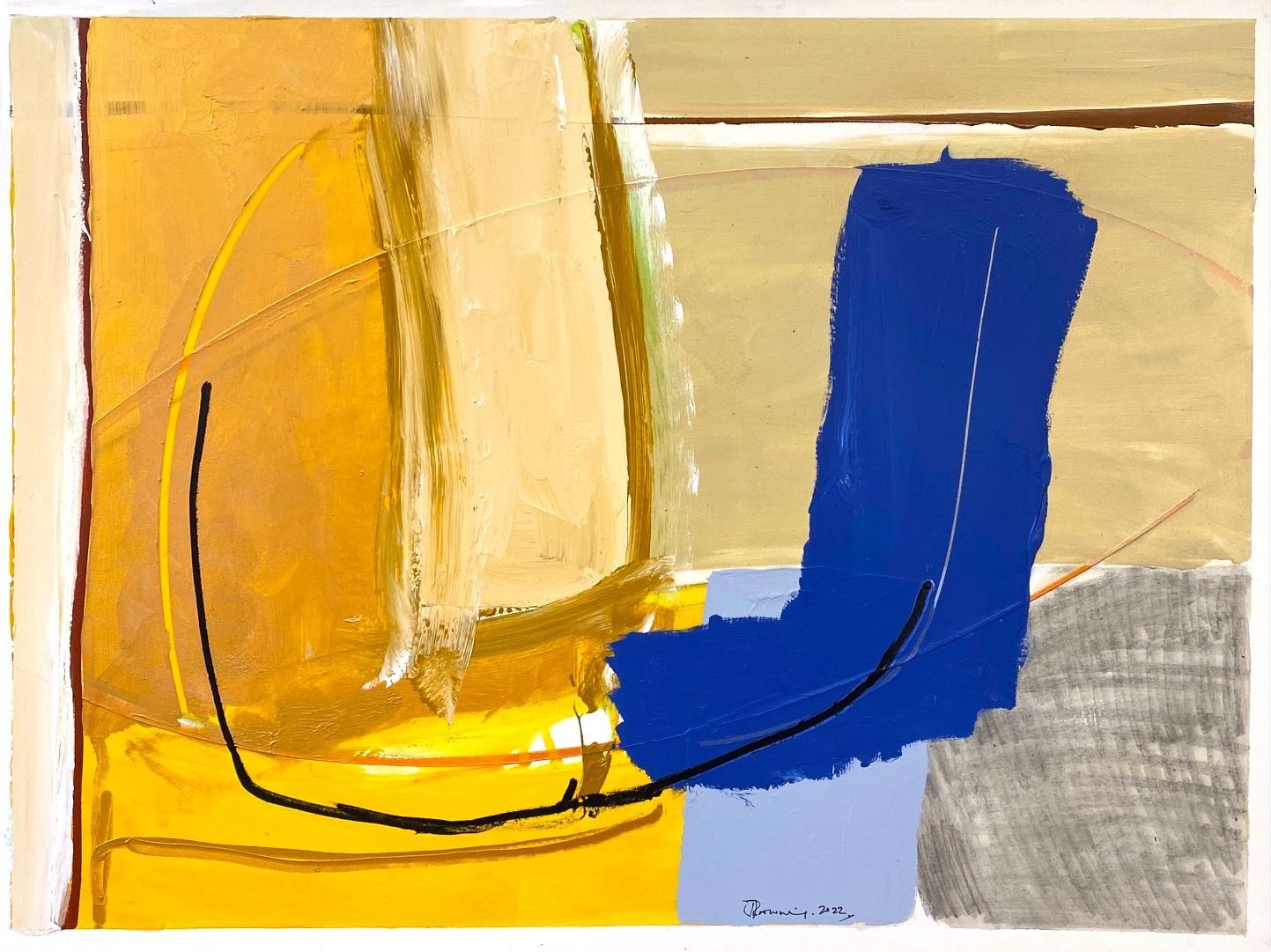 A yellow and blue painting with a black line in the middle