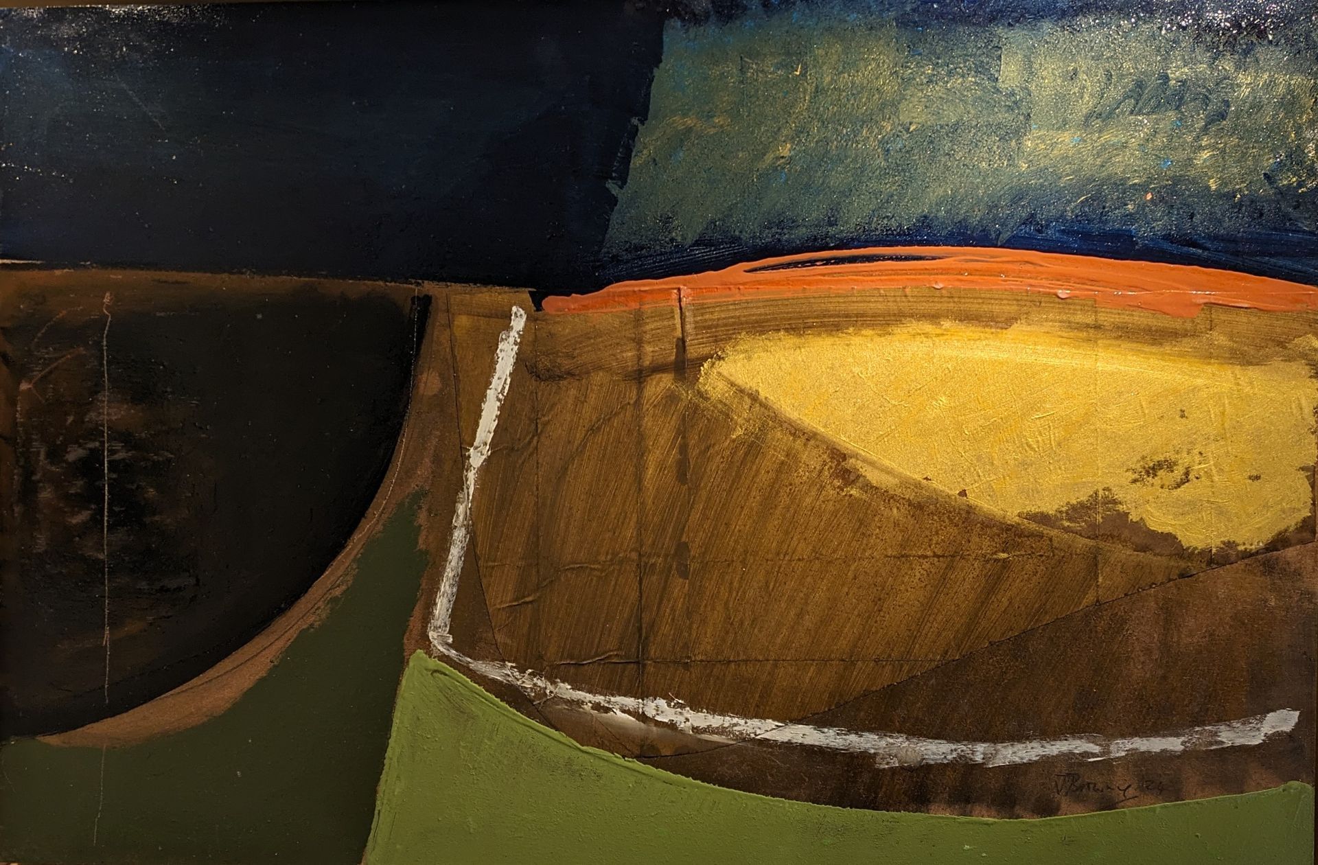 A close up of a painting of a field with a blue sky in the background.