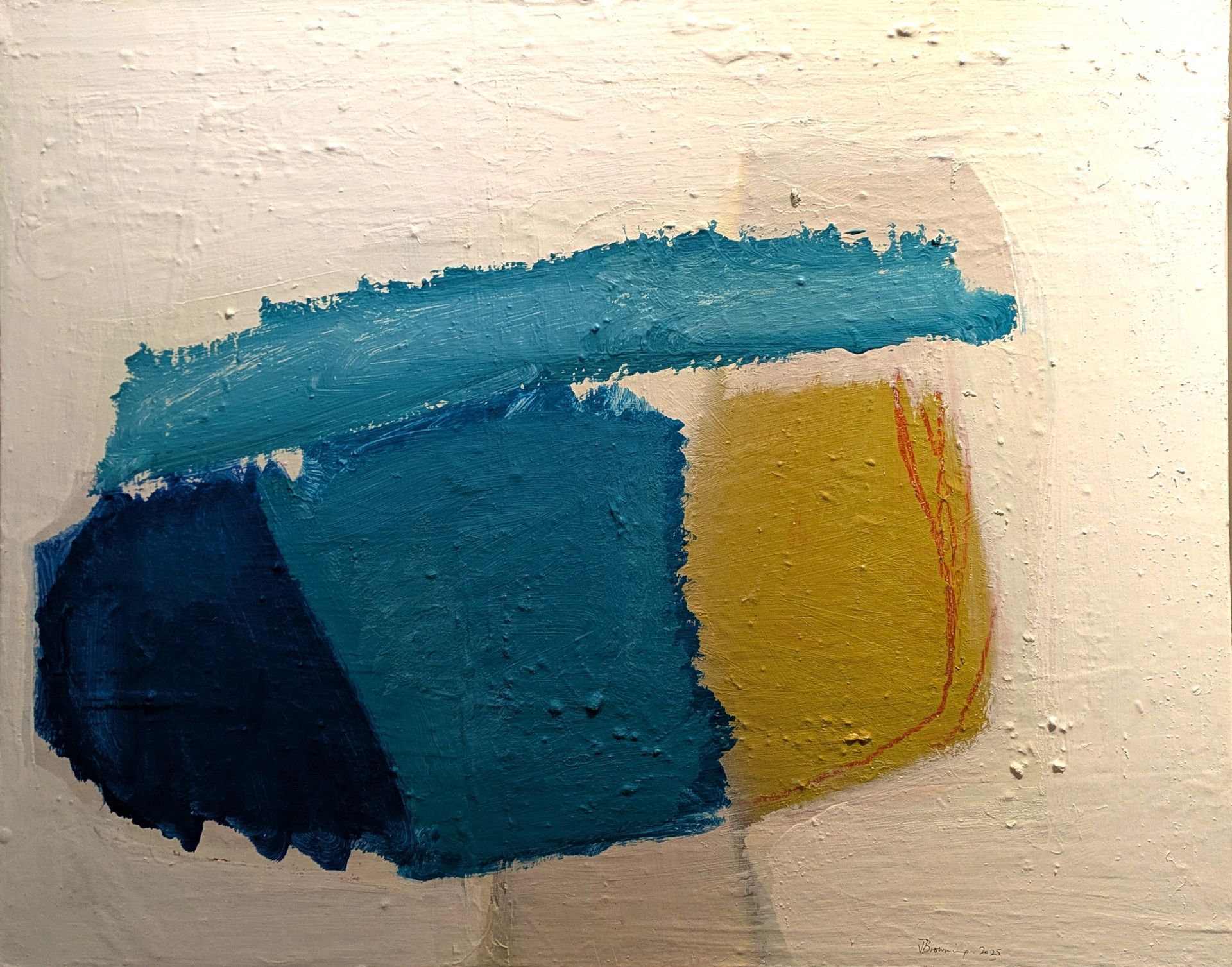 Abstract art with textured white background and blue, yellow, and navy shapes.