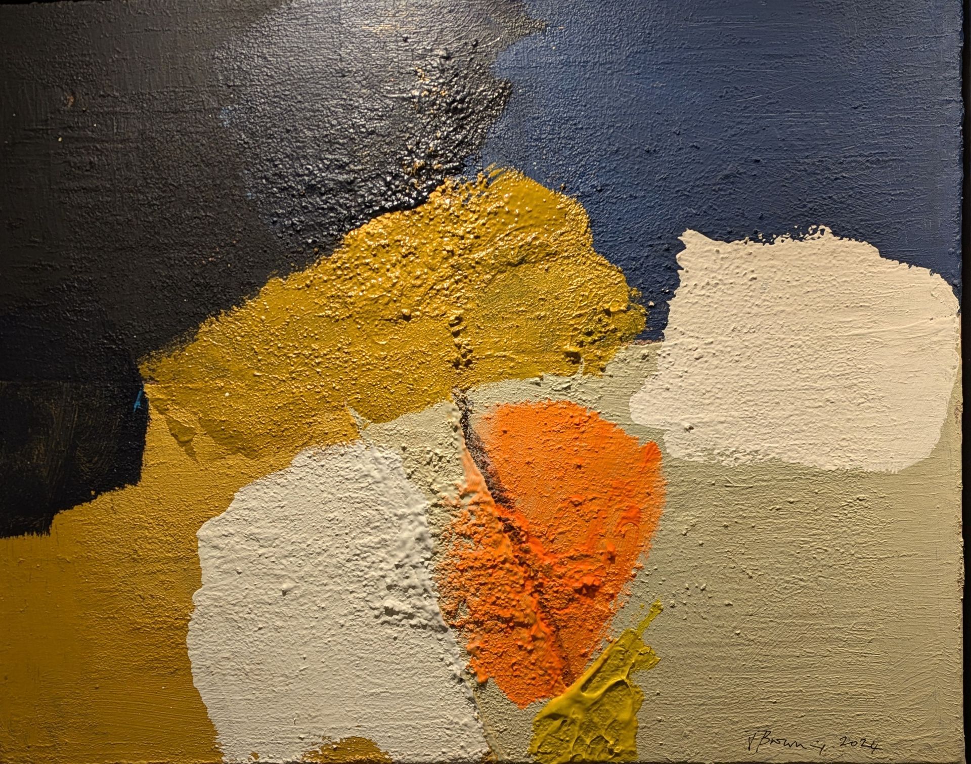 A painting of a yellow , white and orange object on a black background