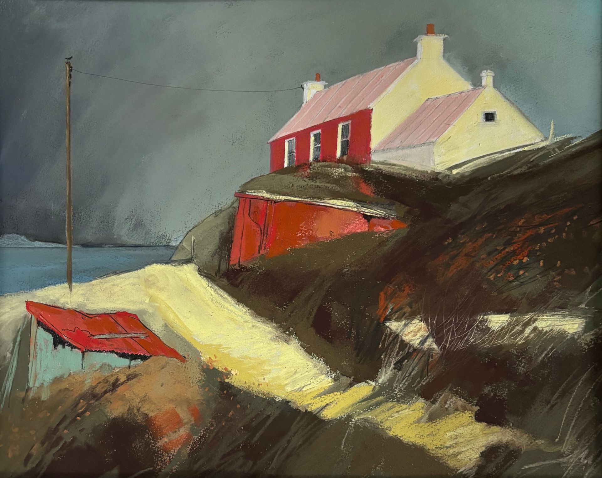 A painting of a house on a hill with a red roof