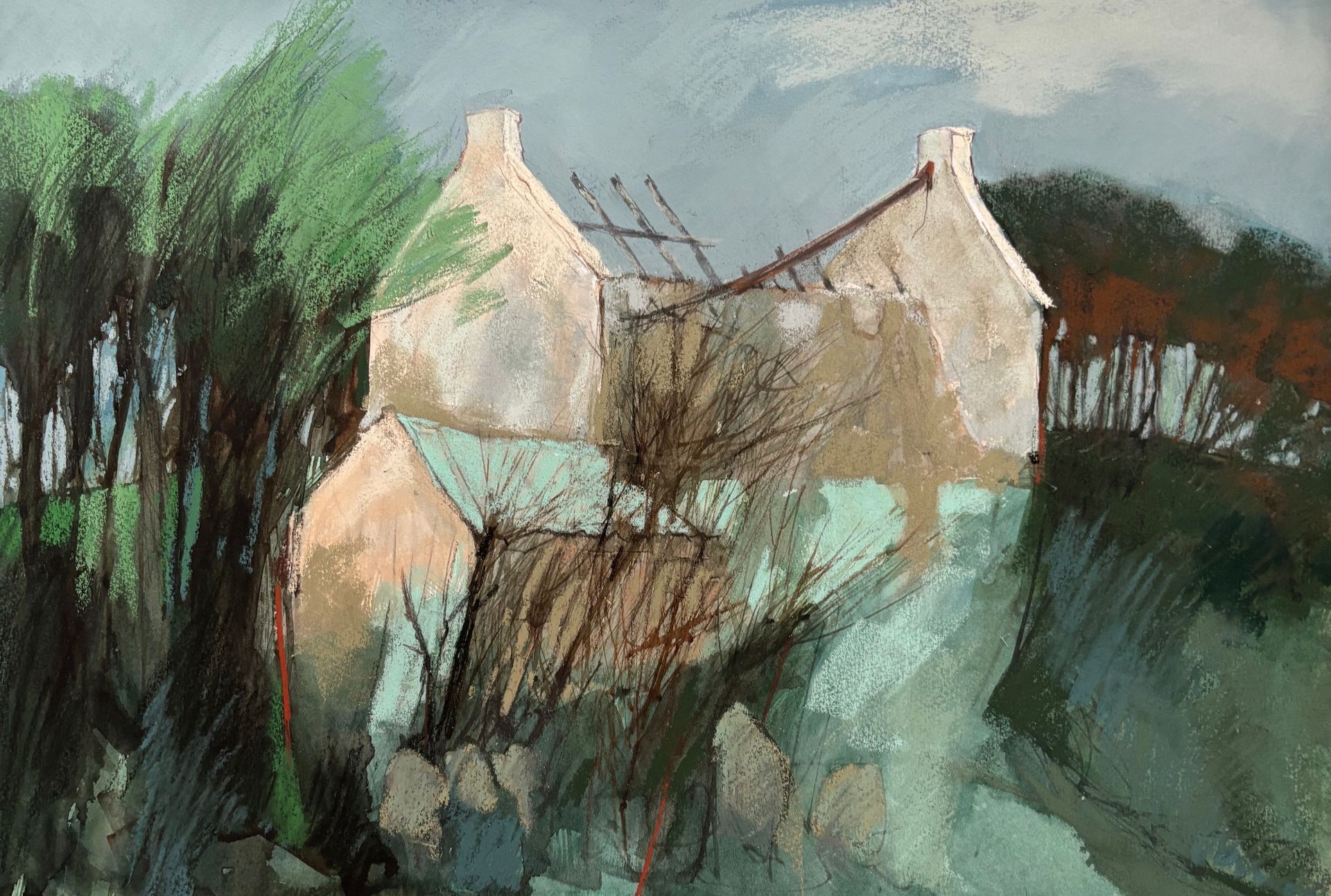 A painting of a river surrounded by mountains and trees.